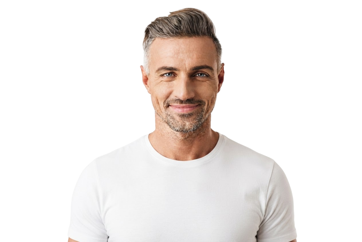 Hombre sonriente de pelo denso con camiseta blanca